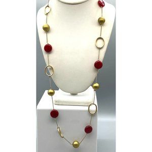 Vintage Kiam Family Beaded Chain Necklace, Red and Gold Tone